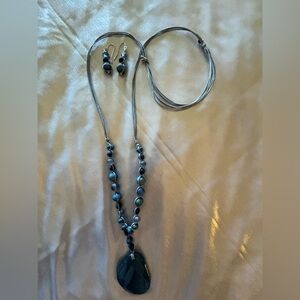 J.Jill Teal Necklace Dragon Stone Agate w Beads & Matching Beaded Wire Earrings
